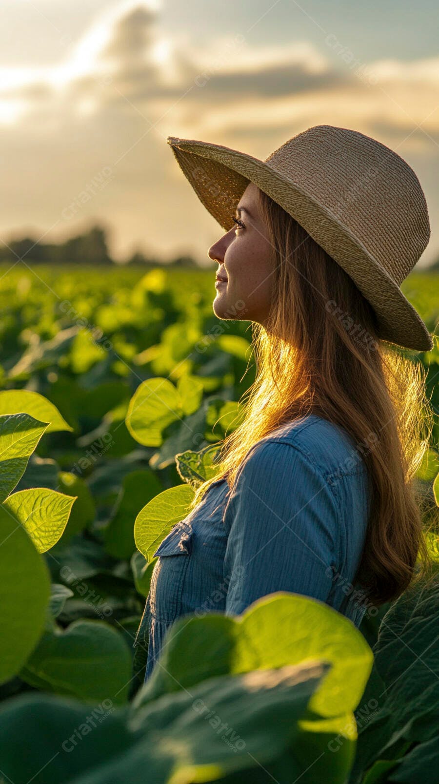 Foto Mulher Jovem Chapéu Palha Campo Agrícola Pôr do Sol