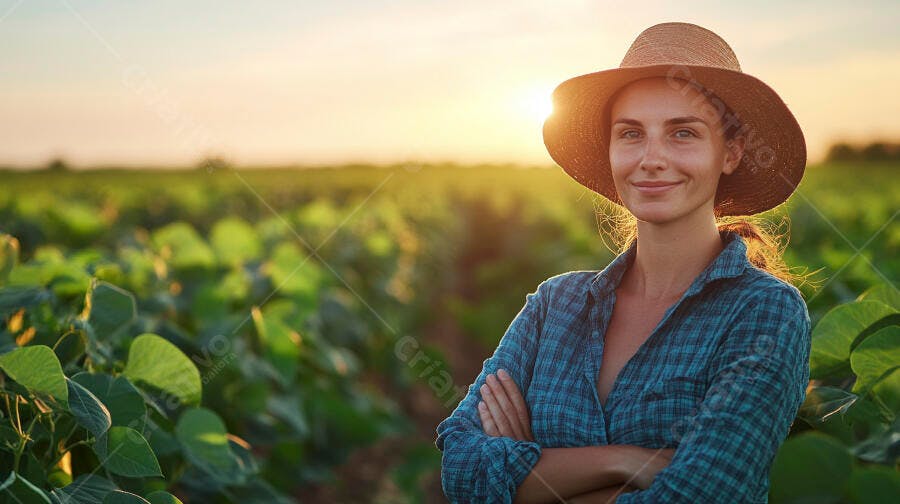 Foto Mulher Fazendeira Sorrindo Campo Agrícola Pôr do Sol