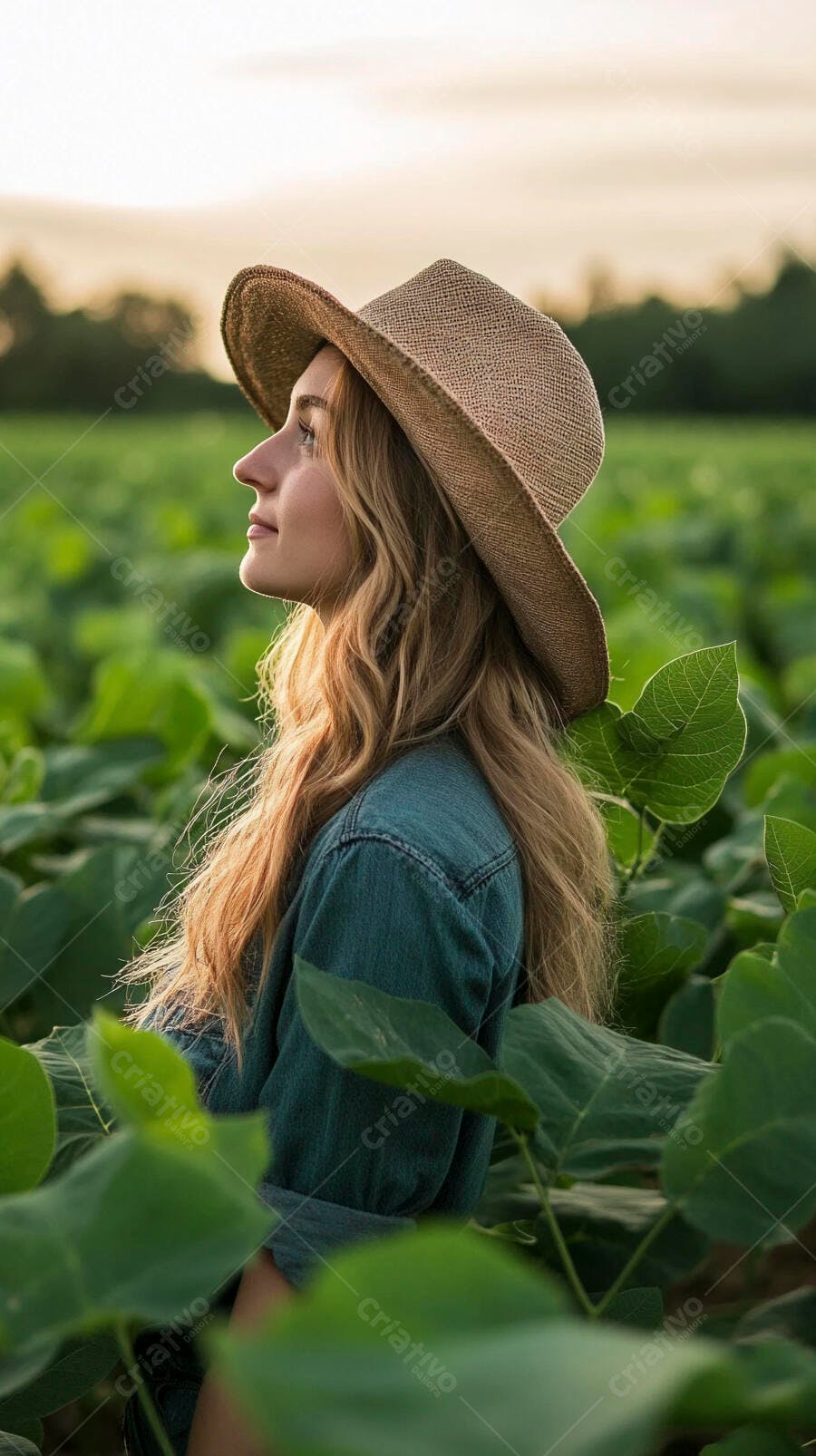 Foto Mulher Jovem Chapéu Campo Verde Pôr do Sol