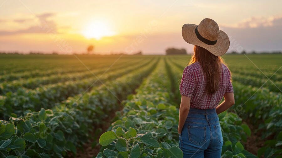 Foto Mulher Fazendeira Chapéu Observando Plantação Soja Pôr do Sol