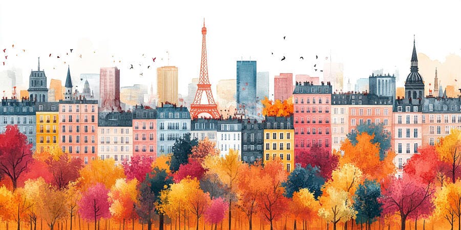 Ilustração Paris Outono Torre Eiffel Aquarela