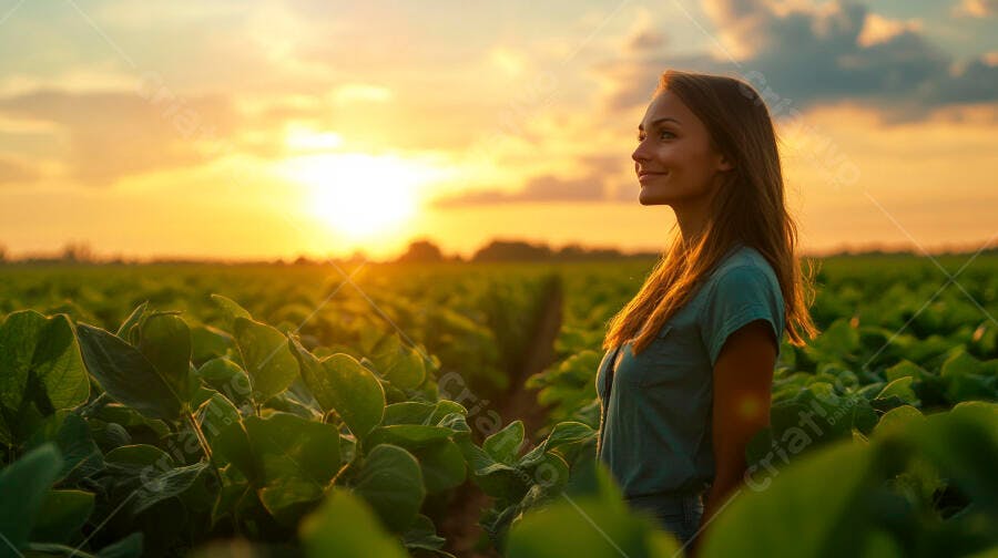 Foto Mulher Jovem Campo Plantação Pôr do Sol Dourado