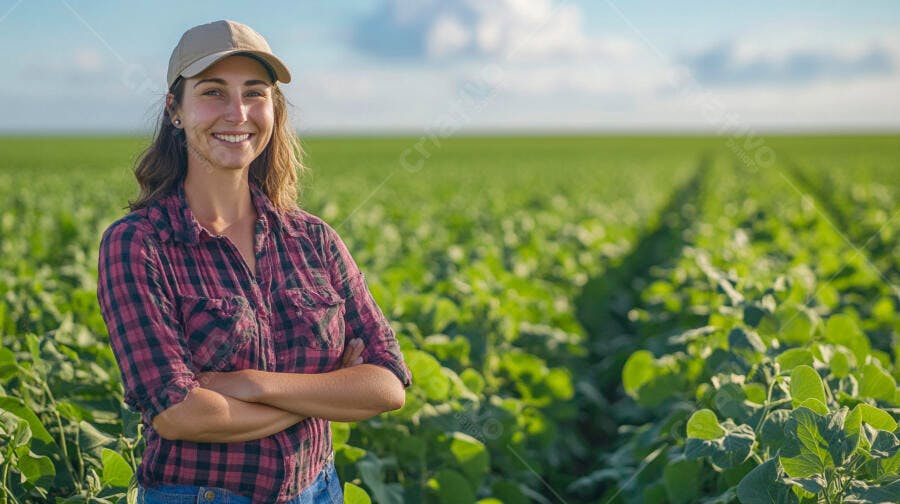 Foto Mulher Agricultora Sorrindo Campo de Soja Rural