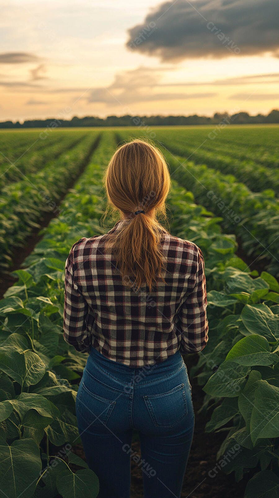 Foto Mulher Agricultora Observando Plantação Soja Pôr do Sol