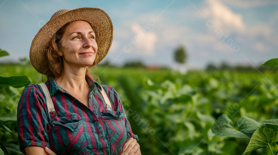 Foto Mulher Agricultora Sorrindo Campo Lavoura ao Ar Livre