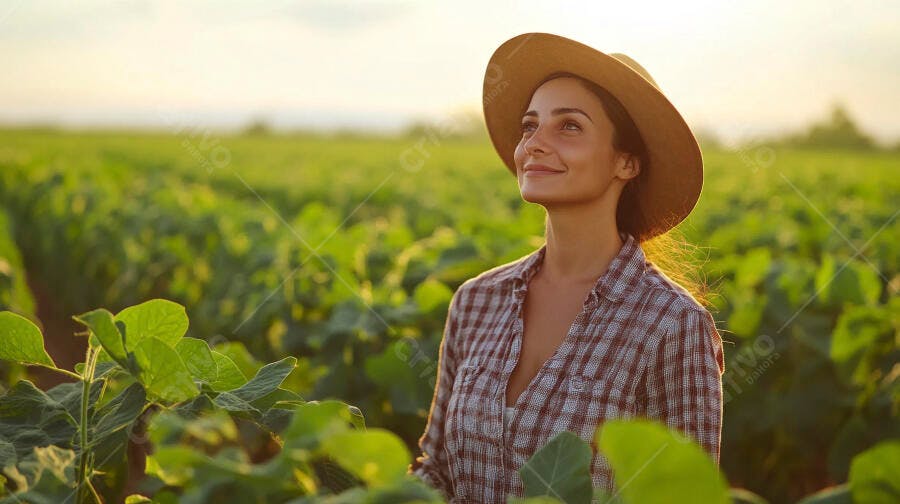Foto Mulher Agricultora Sorrindo Campo Lavoura Pôr do Sol