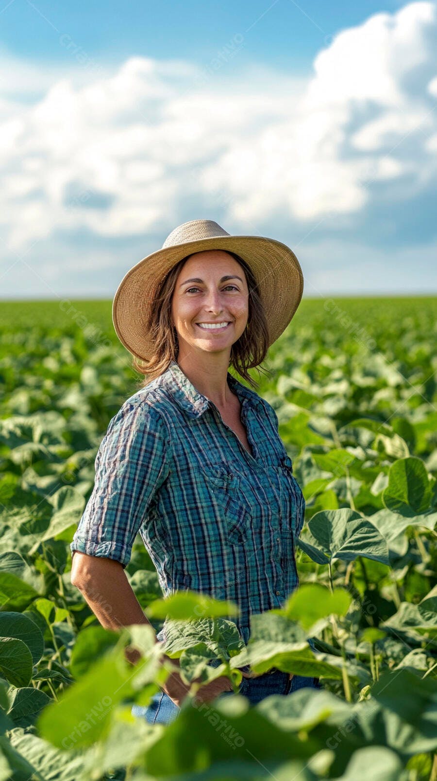 Foto Mulher Agricultora Sorrindo Campo de Soja Chapéu