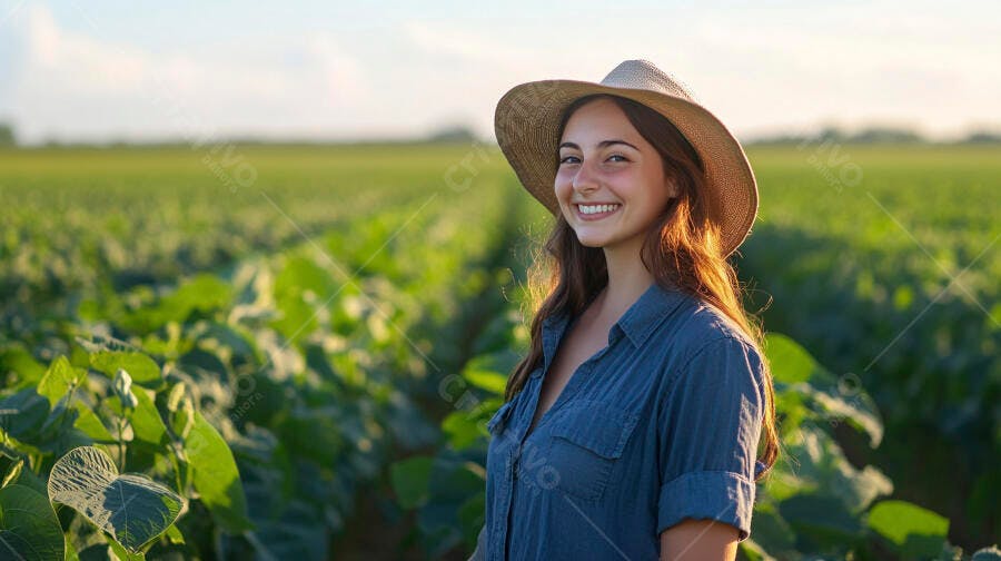 Foto Mulher Jovem Sorrindo Chapéu Fazenda Plantação Soja