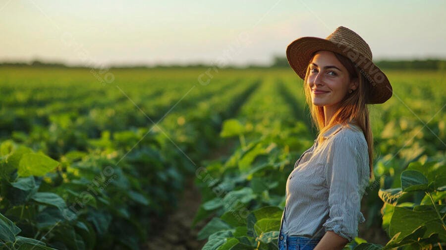 Foto Mulher Agricultora Sorrindo Campo Agrícola Pôr do Sol