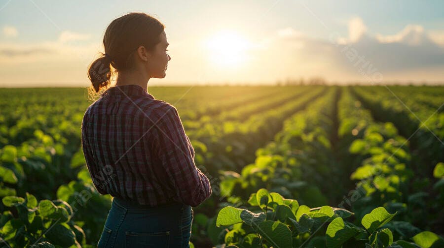 Foto Mulher Agricultora Observando Plantação Pôr do Sol Campo