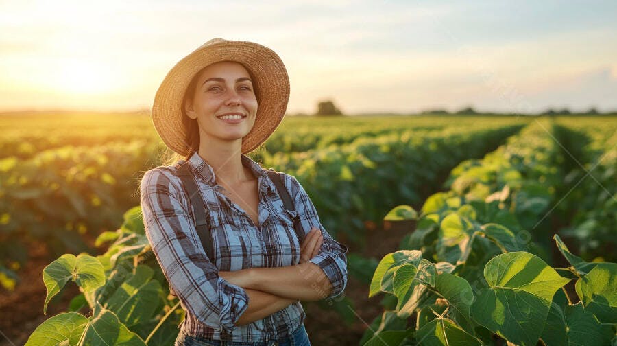 Foto Mulher Agricultora Sorrindo Campo Lavoura Pôr do Sol
