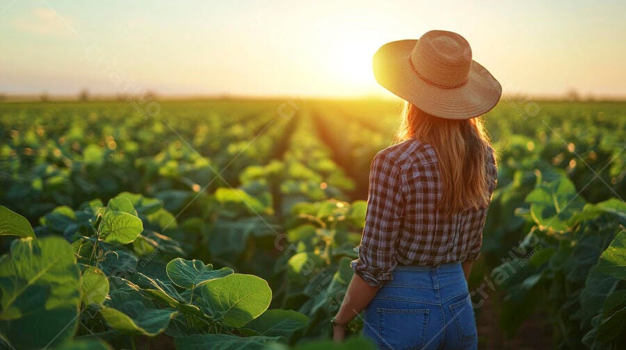 Foto Mulher Fazendeira Chapéu Observando Plantação Pôr do Sol