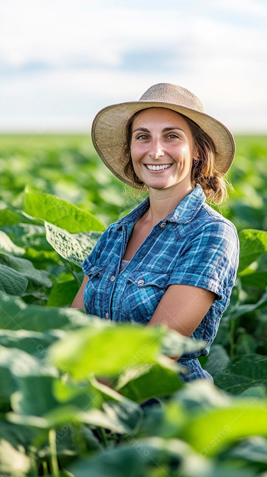 Foto Mulher Agricultora Sorrindo Campo de Soja Chapéu