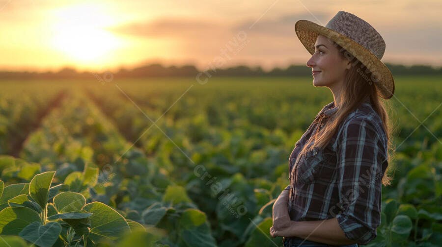 Foto Mulher Fazendeira Chapéu Campo Agrícola Pôr do Sol