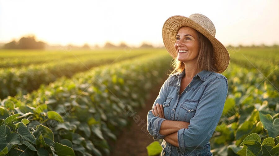 Foto Mulher Agricultora Sorrindo Campo Plantação Pôr do Sol