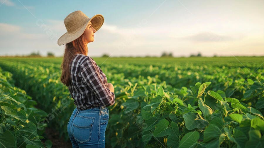 Foto Mulher Fazendeira Chapéu Observando Plantação Soja