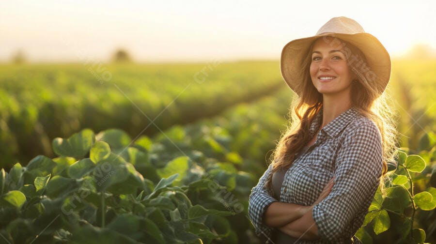 Foto Mulher Agricultora Sorrindo Campo Lavoura Pôr do Sol