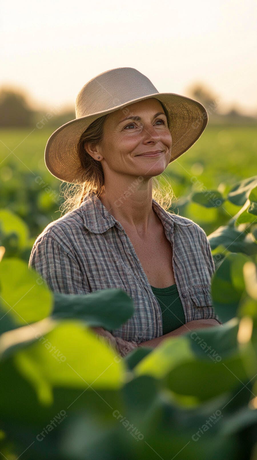 Foto Mulher Agricultora Sorrindo Campo de Soja Pôr do Sol