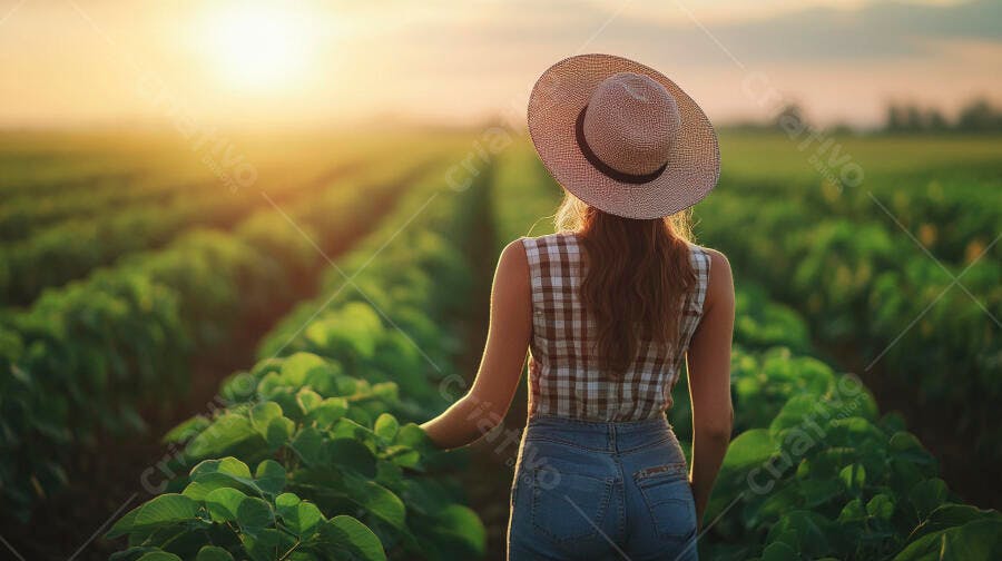 Foto Mulher Fazendeira Chapéu Campo Plantação Pôr do Sol