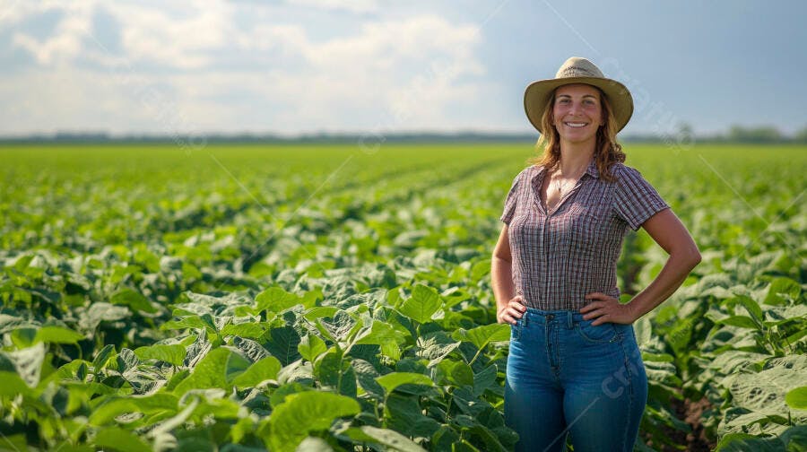Foto Mulher Agricultora Sorrindo Campo de Soja Fazenda