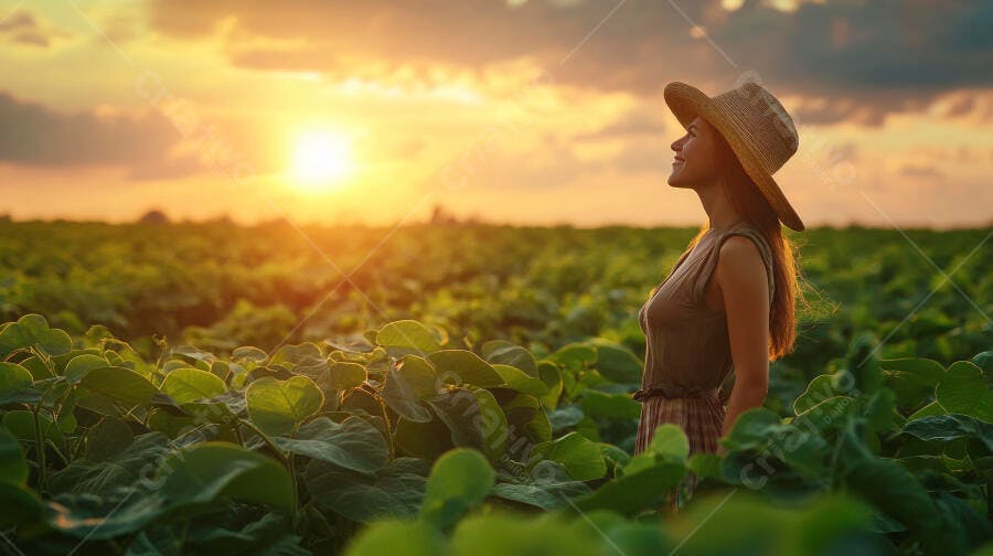 Foto Mulher Jovem Fazendeira Chapéu Campo Pôr do Sol