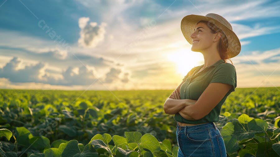Foto Mulher Agricultora Sorrindo Campo Agrícola Pôr do Sol