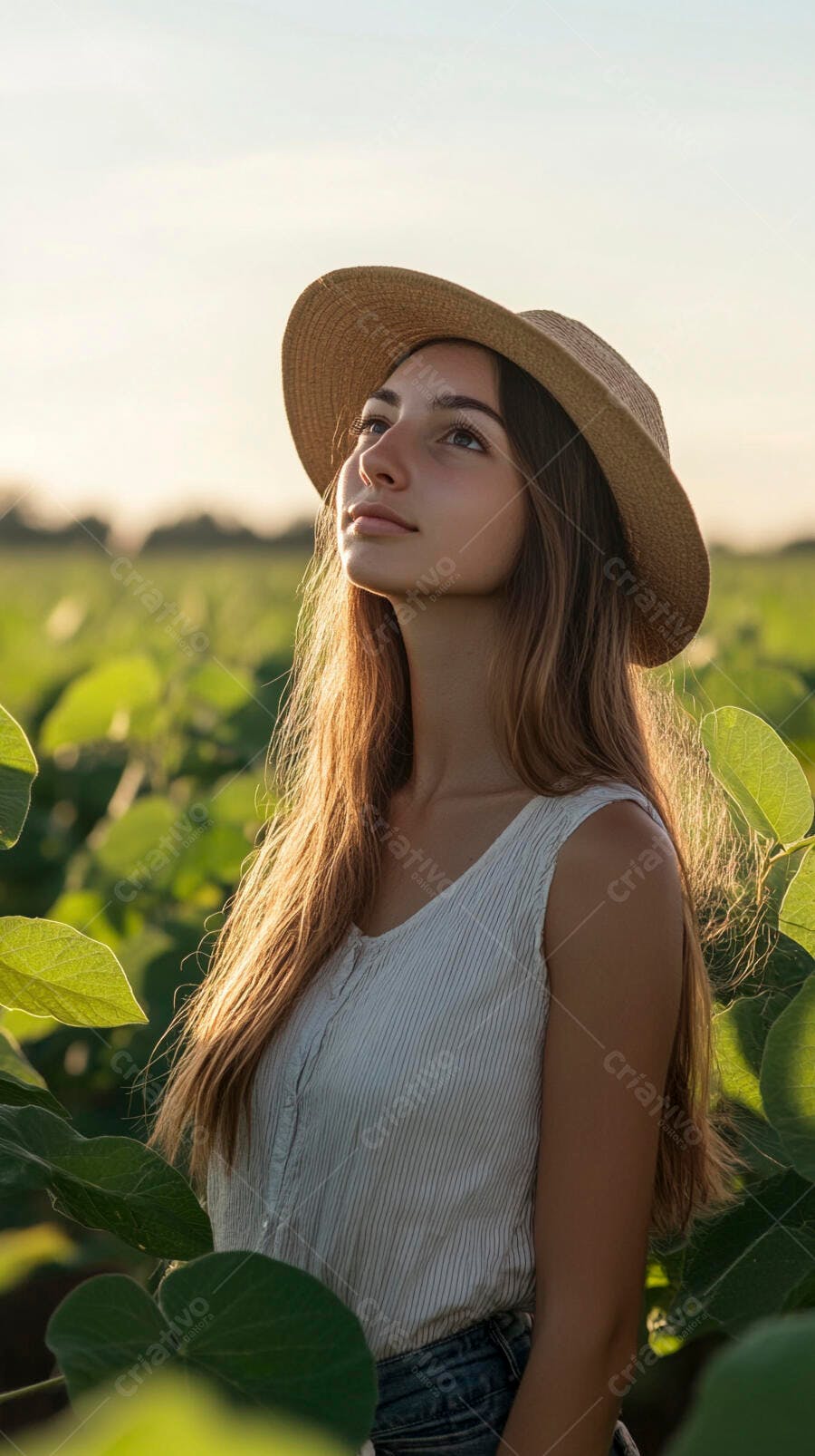 Mulher jovem com chapéu de palha em campo verde sob luz dourada