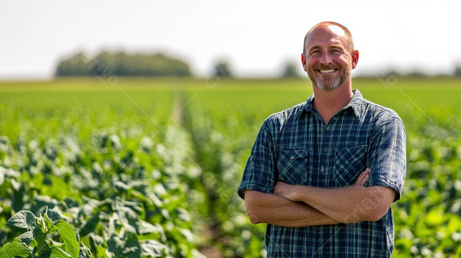 Foto Fazendeiro Homem Branco Sorrindo Campo de Soja Aberto