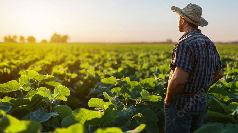 Foto Agricultor Observando Plantação de Soja ao Pôr do Sol
