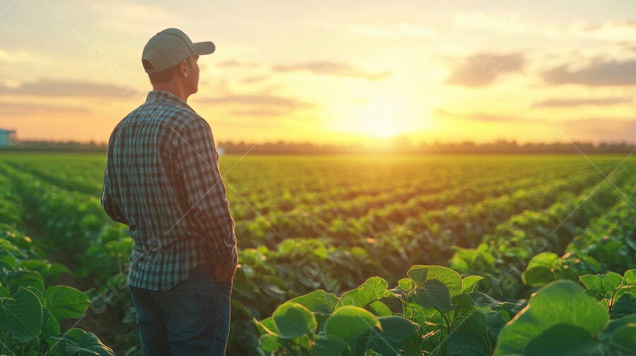 Foto Agricultor Homem Observando Plantação Soja Pôr do Sol