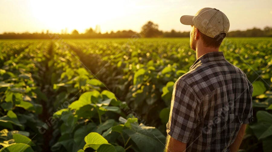 Foto Agricultor Jovem Observando Plantação Soja Pôr do Sol