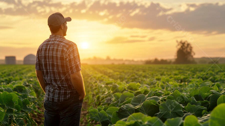 Foto Agricultor Observando Plantação Pôr do Sol Campo Agrícola