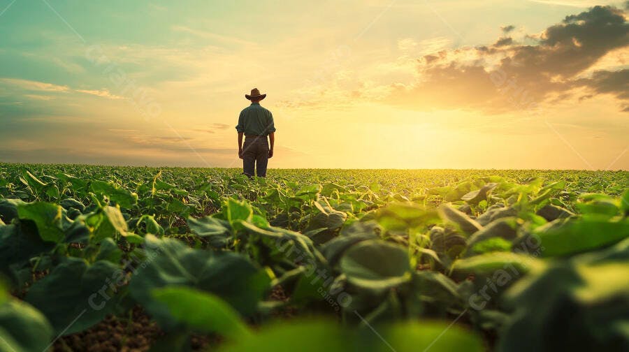 Foto Agricultor Sozinho Campo de Soja Pôr do Sol Dourado
