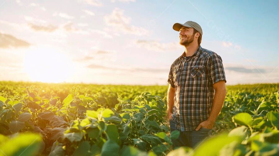 Foto Agricultor Sorrindo Campo Agrícola Pôr do Sol
