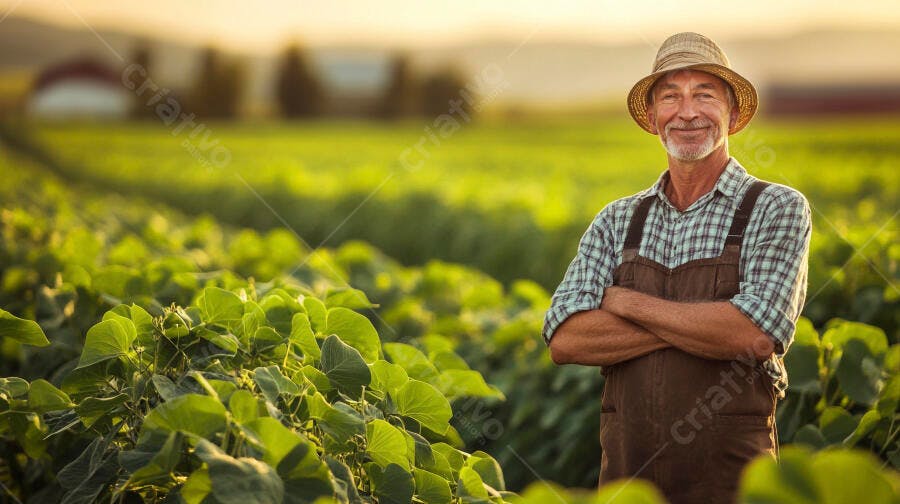 Foto Agricultor Sorrindo Campo de Plantação Rural Pôr do Sol