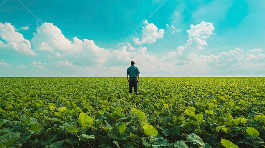 Foto Homem Agricultor Campo de Soja Aberto Céu Azul