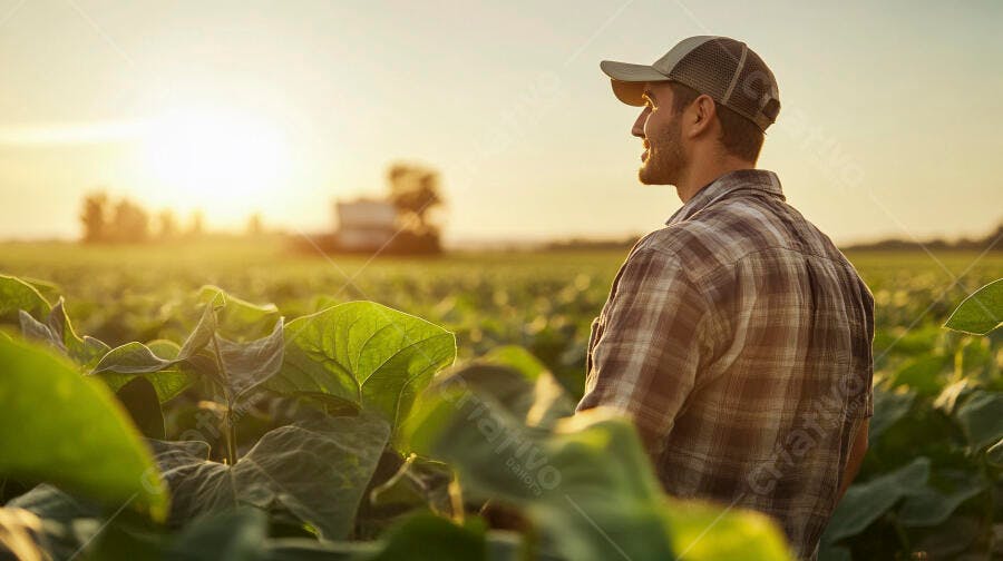 Foto Agricultor Jovem Campo de Soja Pôr do Sol