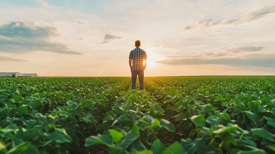 Foto Homem Agricultor Campo de Soja Pôr do Sol