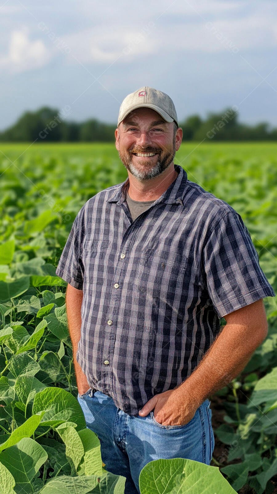Foto Agricultor Sorrindo Campo de Soja Dia Ensolarado