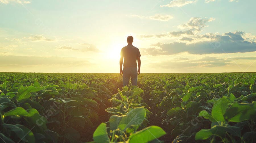 Foto Homem Agricultor Campo de Soja Pôr do Sol