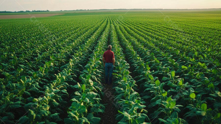 Foto Agricultor Trabalhando Plantação de Soja Campo Aberto