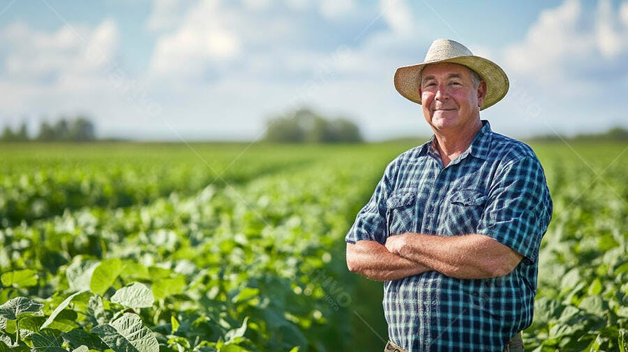 Foto Fazendeiro Sorrindo Campo de Soja Dia Ensolarado