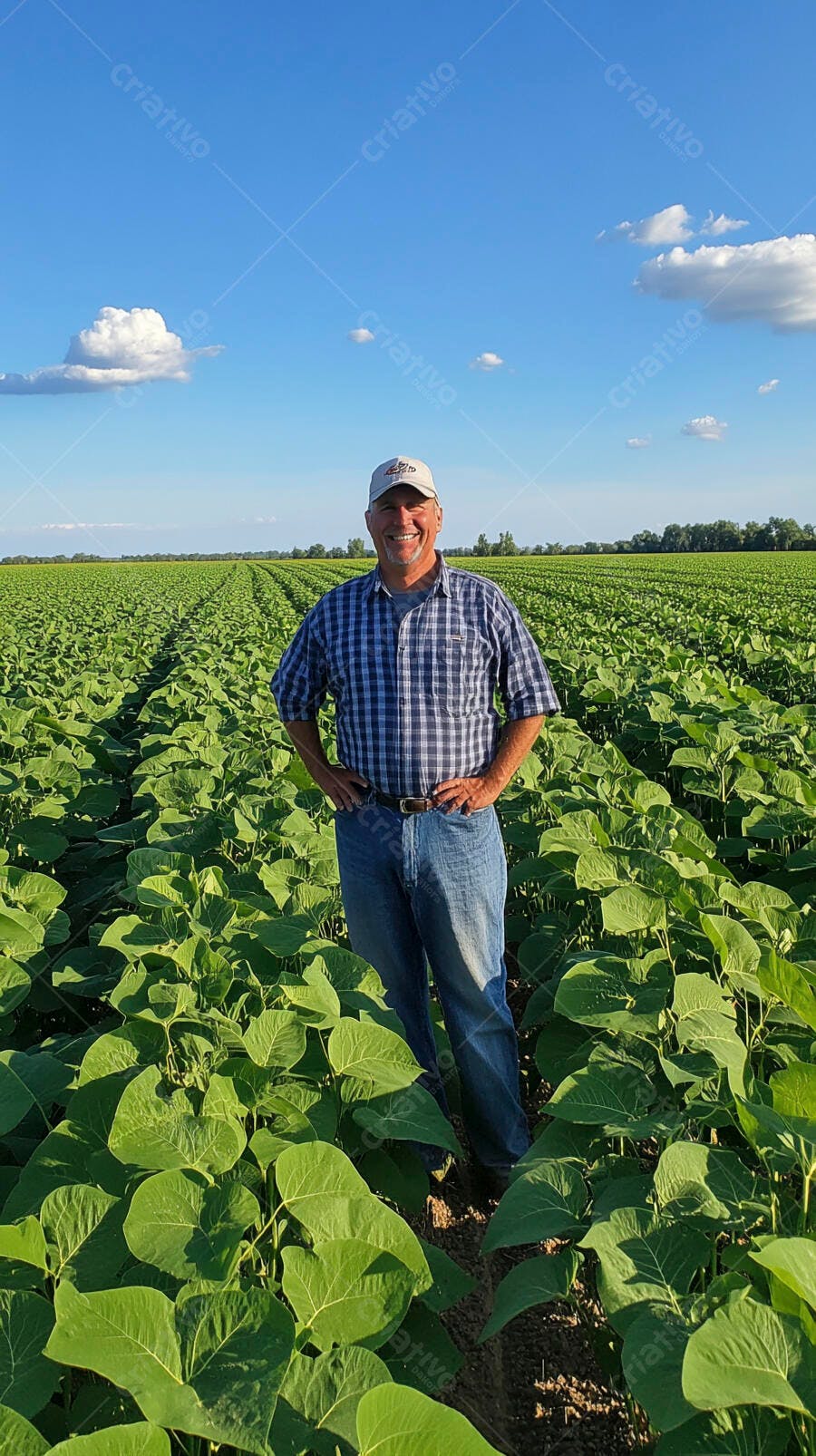 Foto Agricultor Sorrindo Campo de Soja Aberto Céu Azul