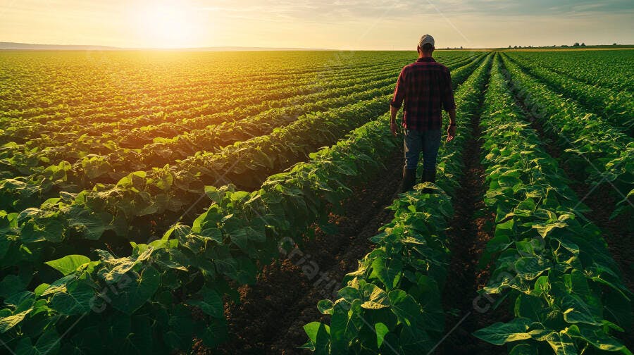 Foto Agricultor Campo Plantação Girassol Pôr do Sol Dourado