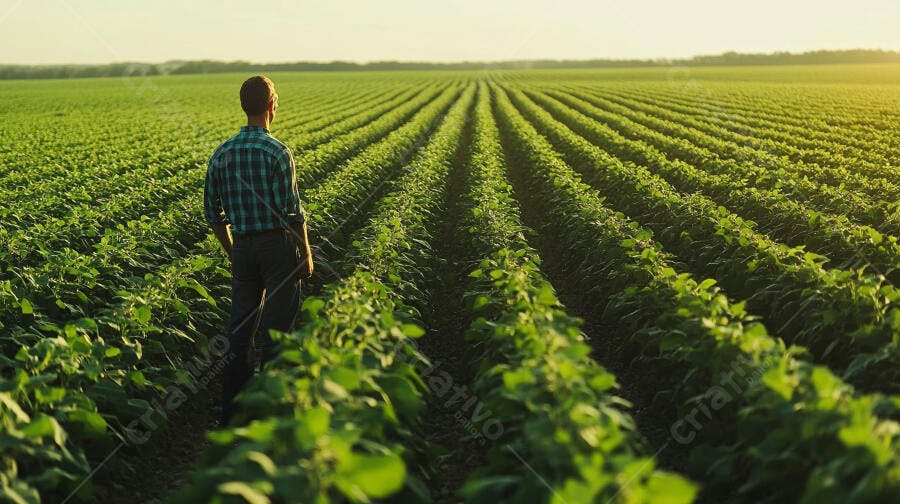 Foto Homem Agricultor Campo Plantação Soja Pôr do Sol