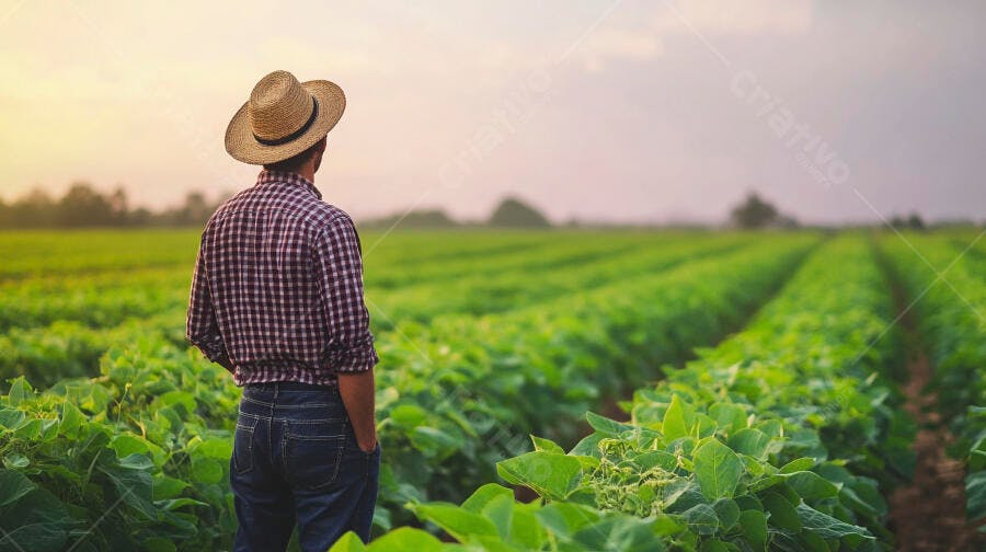 Foto Agricultor Observando Plantação Campo ao Pôr do Sol