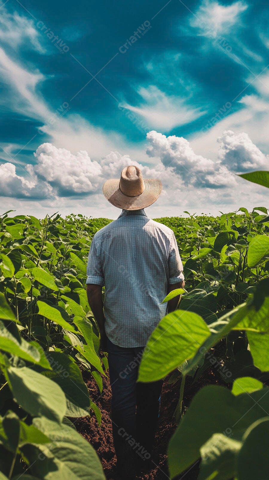 Foto Agricultor Chapéu Campo de Soja Céu Azul