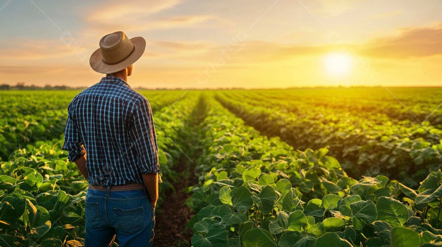 Foto Agricultor Observando Plantação ao Pôr do Sol no Campo