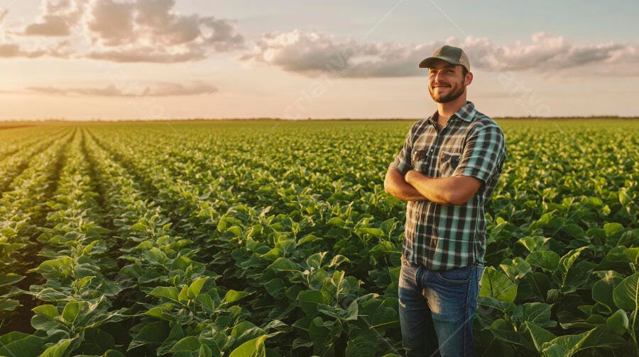 Foto Fazendeiro Sorrindo Campo de Soja Pôr do Sol Agricultura