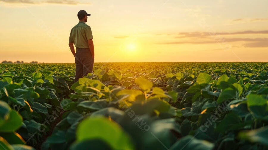 Foto Agricultor Homem Observando Plantação Soja Pôr do Sol